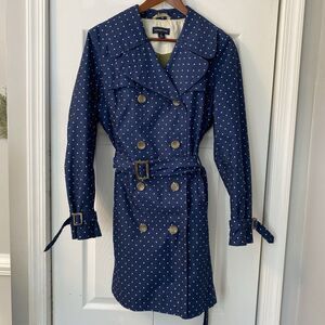 Lands End Women Trench Coat Medium 10-12 Navy Polka Dot Preppy Classic Spring